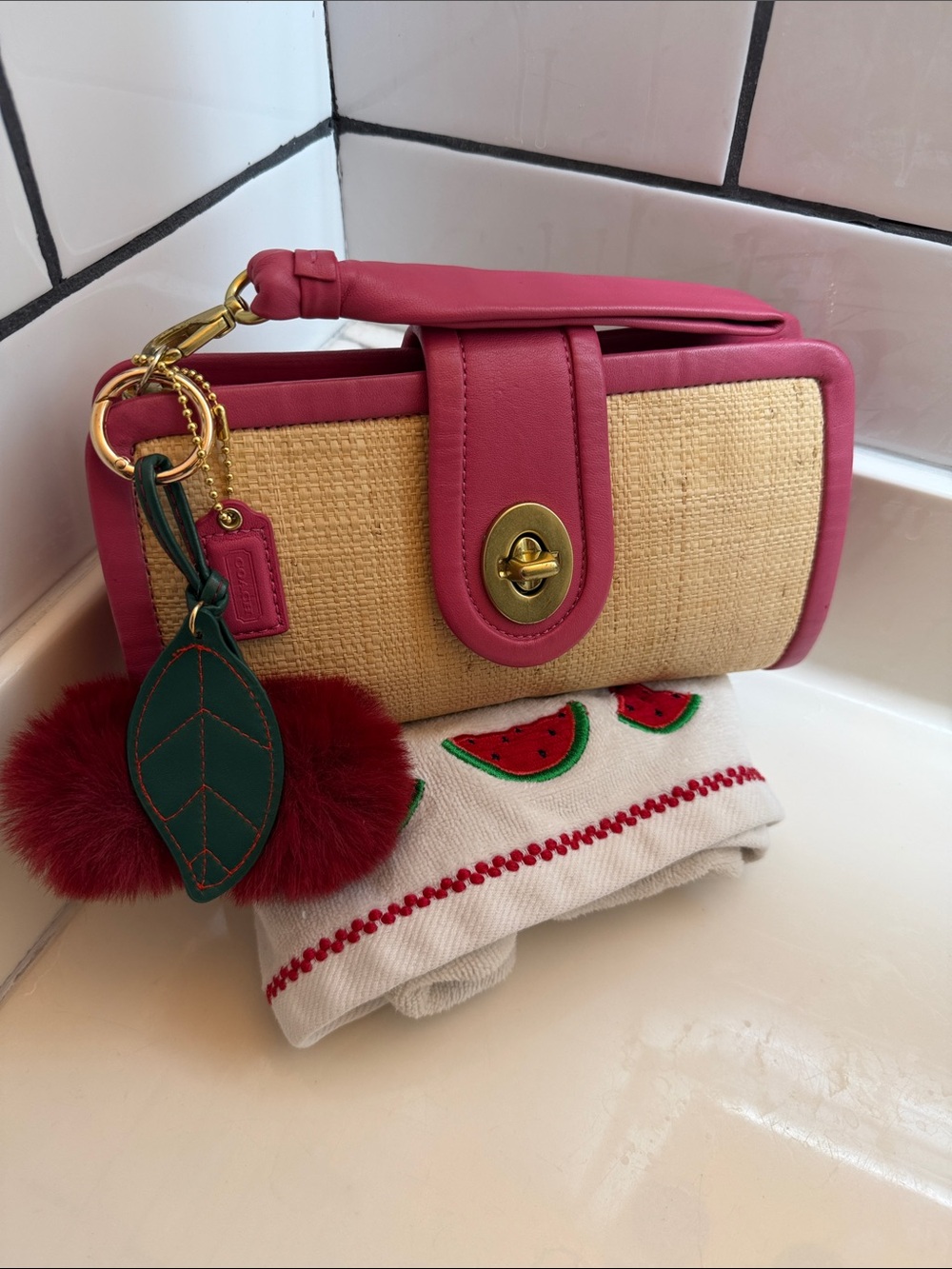 Coach Ashley 2008 Pink Leather & Straw Turnlock Wristlet w/Cherry Charm
